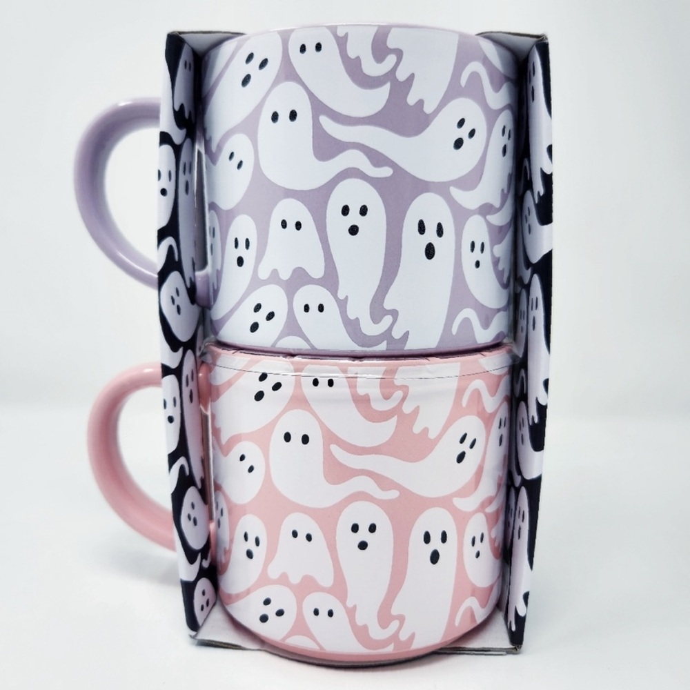 NWT Elum Home Ghosts Halloween Lavender Pink Stackable Mugs Set of 2 Gift Set